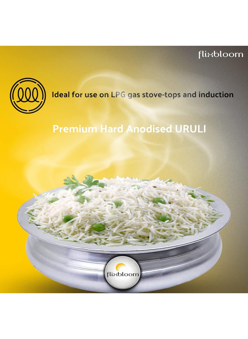 Flixbloom Perfect Optimal Hard Anodised Cookware UrliHandiUruli PotBhagonaLagan Pot Meen Chatty CooknServe for Cooking LPG Stovetop Induction Base Urli with Steel Lid 4 Litre Urli