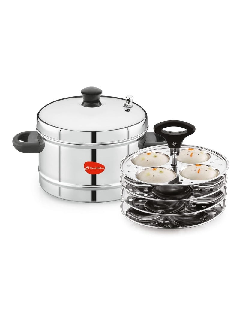 KLASSI KICHEN Stainless Steel Idly Cooker Pot Idli Pot Compatible With Induction And Gas Stove Steel Idli Maker With Silver Lid 4 Plates For 16 Idlies 2 Litre