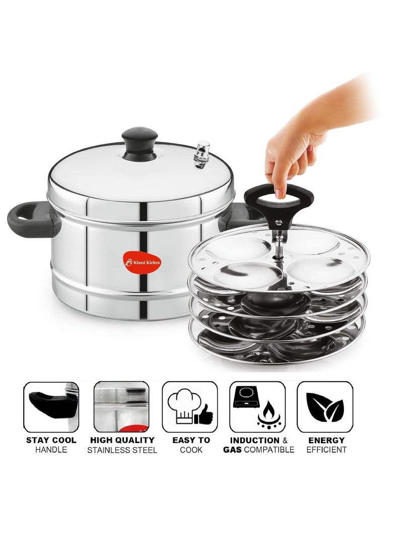 KLASSI KICHEN Stainless Steel Idly Cooker Pot Idli Pot Compatible With Induction And Gas Stove Steel Idli Maker With Silver Lid 4 Plates For 16 Idlies 2 Litre