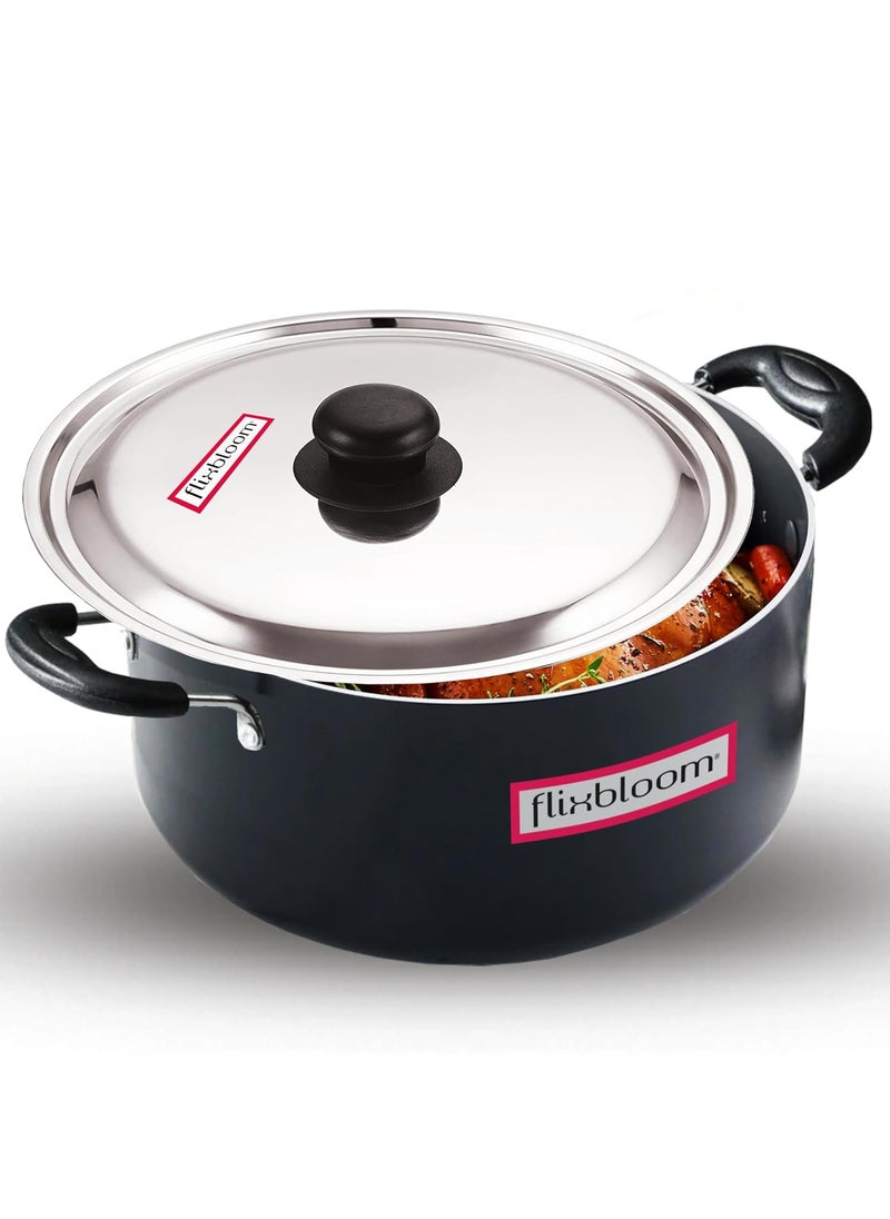Flixbloom Loyal Kitchen Cookware Black Hard Anodised Induction Base Gas Stove Friendly Cookware Utensil Handi with Lid 325 MM Thick Kitchen Cook Serve Biryani Pot Stock Pot with Lid 35 Litre