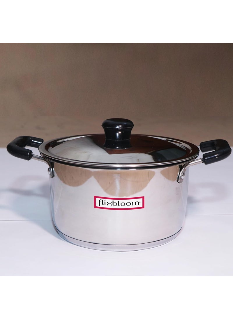 Flixbloom Select Stainless Steel Cookware Serveware Handi Kitchen Casserole with Lid Triply Bottom Saucepot Stove Induction Friendly Cookware with Lid Cooking Pot Food Grade 3 Litre