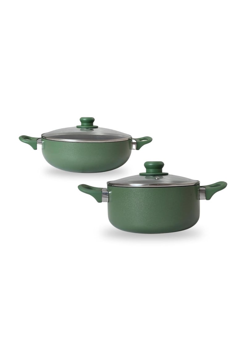 Get Plumm Granite Cooking Pot Kadhai with Lid Tempered Glass Lid Set of 2 Ceramic Non Stick Gas Induction Compatible Soft Touch Handle 1 Year Warranty Green