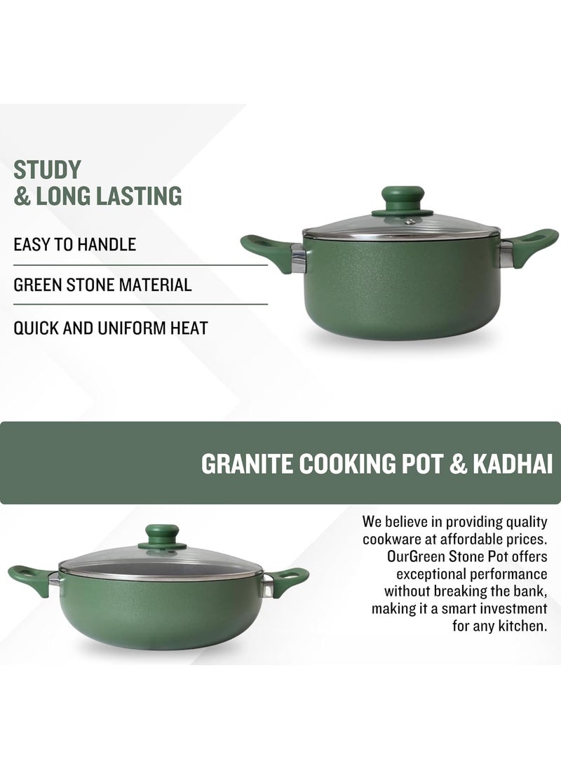Get Plumm Granite Cooking Pot Kadhai with Lid Tempered Glass Lid Set of 2 Ceramic Non Stick Gas Induction Compatible Soft Touch Handle 1 Year Warranty Green