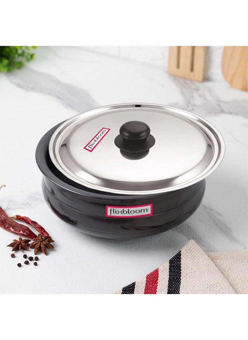 Flixbloom gradely Kitchen Cookware Hard Anodised Traditional Virgin Food Grade Aluminium Induction Base Stovetop Compatible UrliUruli for Cooking with Lid Hard Anodised Black 1 Litre Uruli