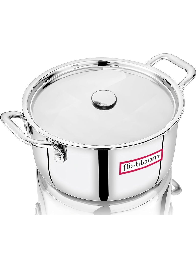 Flixbloom Edge Max Stainless Steel Large 55 Triply CookwareCasseroleHandi Pot with Lid for Storing Cooking Serving Induction Base Gas Ready Food Safe Durable Dishwasher Safe
