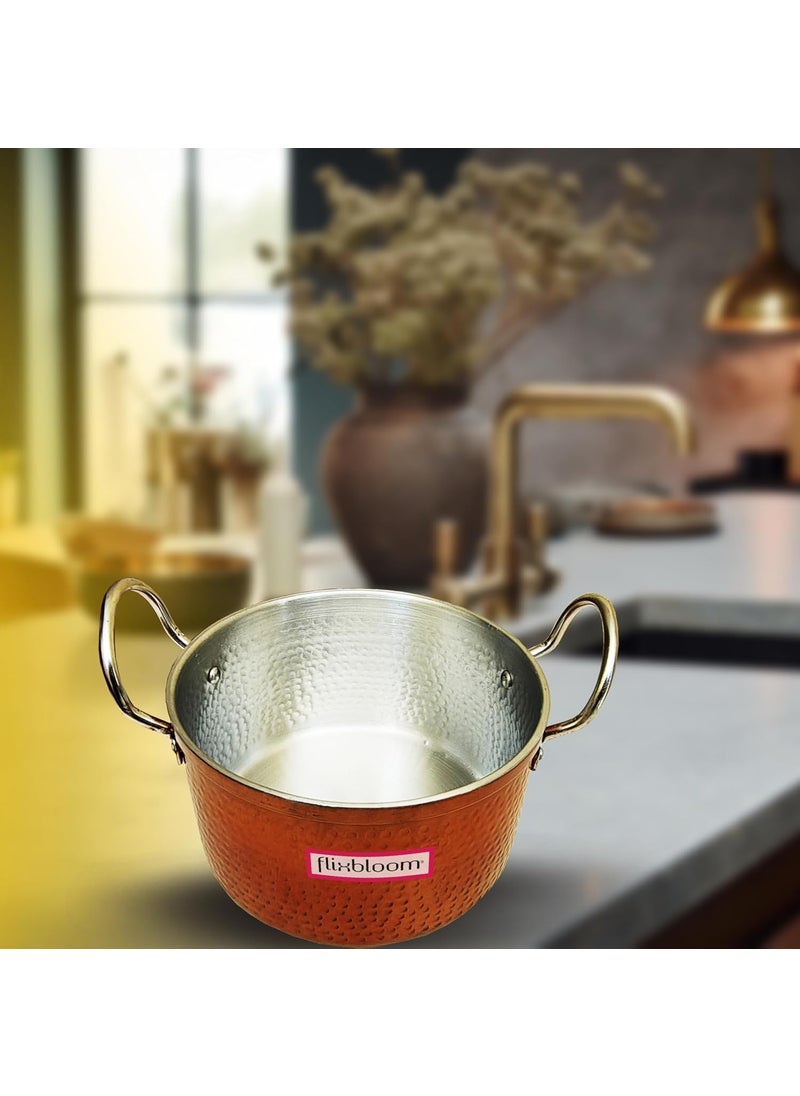 Flixbloom Special Induction Base BottomLPG Friendly Copper Finish Kitchen Deep Cookware Pot for Cooking Serving Handi with Stainless Steel Lid 1 Litre