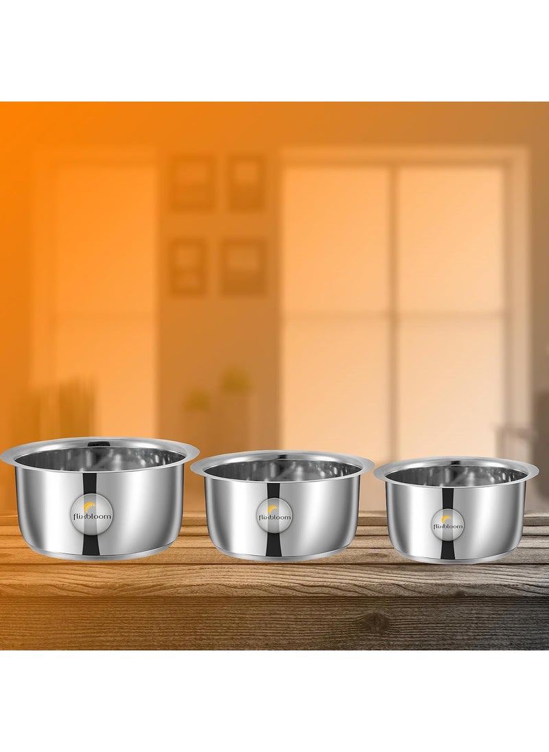 Flixbloom Stainless Steel Heavy Bottom Induction Base LPG Gas Stovetop Compatible Cookware Set TopeBhagonaHandiPatilaTapeli for Milk Water etc Combo Set 234 Litre