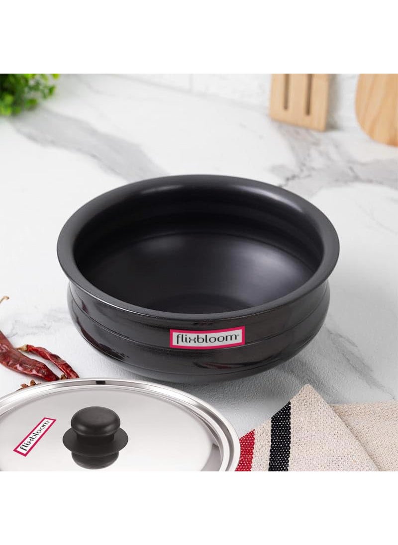 Flixbloom gradely Kitchen Cookware Hard Anodised Traditional Virgin Food Grade Aluminium Induction Base Stovetop Compatible UrliUruli for Cooking with Lid Hard Anodised Black 3 Litre Urli