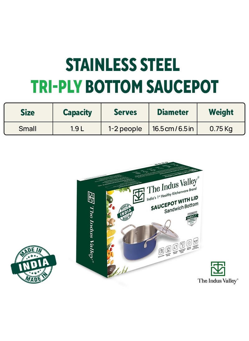 The Indus Valley Stainless Steel Stock PotHandiMilk Pan with Steel Lid Small 165cm65 inch 19Ltr 075kg Induction friendly 3Layer Thick Bottom 100 Pure Toxinfree