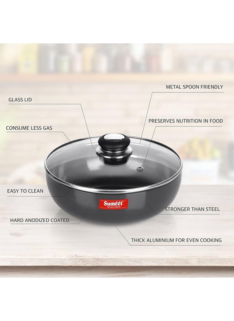 Sumeet 3mm Hard Anodized Deep Tasla with Glass Lid Size No. - 12 (22.5cm Dia. 2.3 Ltr Capacity)