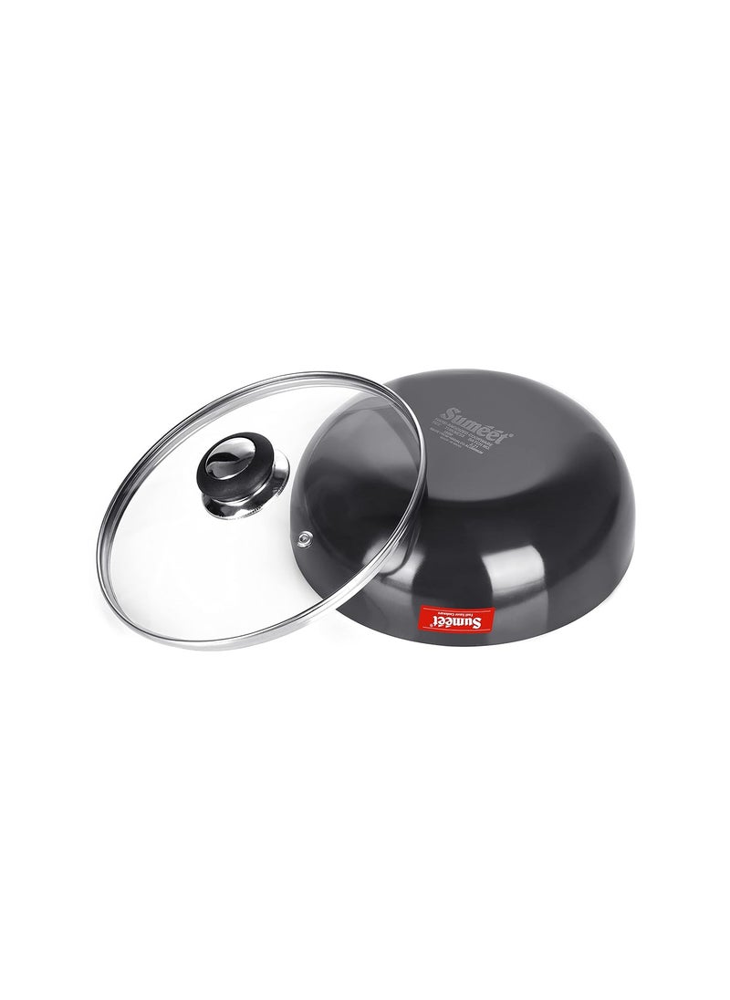 Sumeet 3mm Hard Anodized Deep Tasla with Glass Lid Size No. - 12 (22.5cm Dia. 2.3 Ltr Capacity)