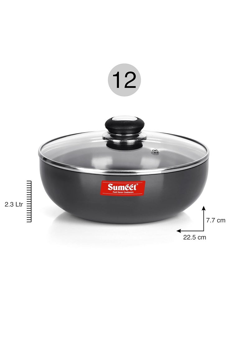 Sumeet 3mm Hard Anodized Deep Tasla with Glass Lid Size No. - 12 (22.5cm Dia. 2.3 Ltr Capacity)