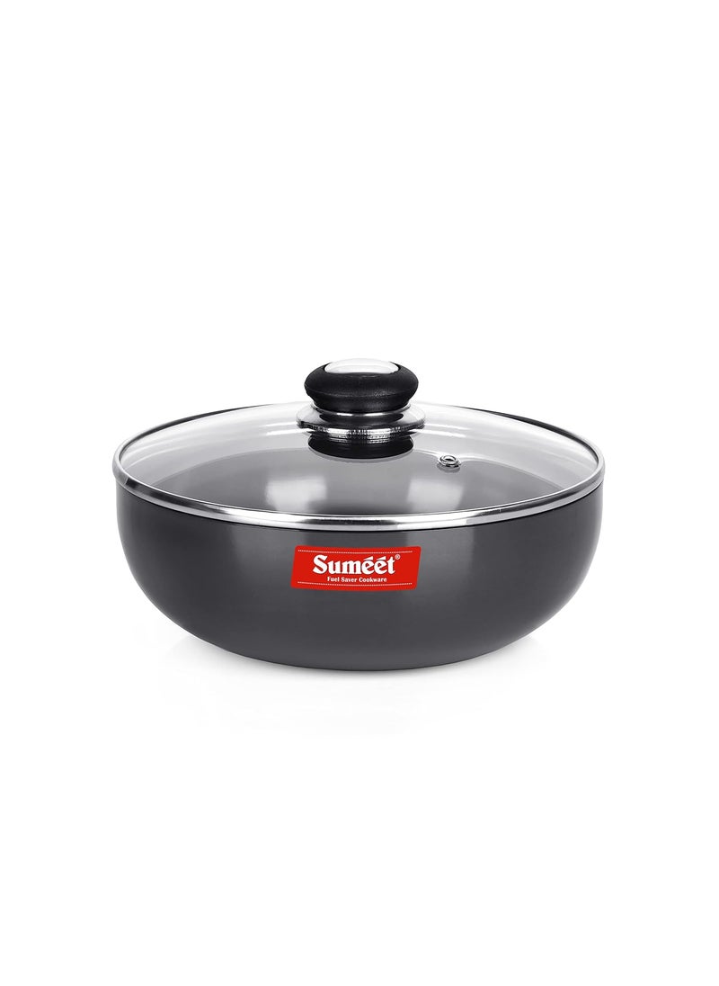 Sumeet 3mm Hard Anodized Deep Tasla with Glass Lid Size No. - 12 (22.5cm Dia. 2.3 Ltr Capacity)