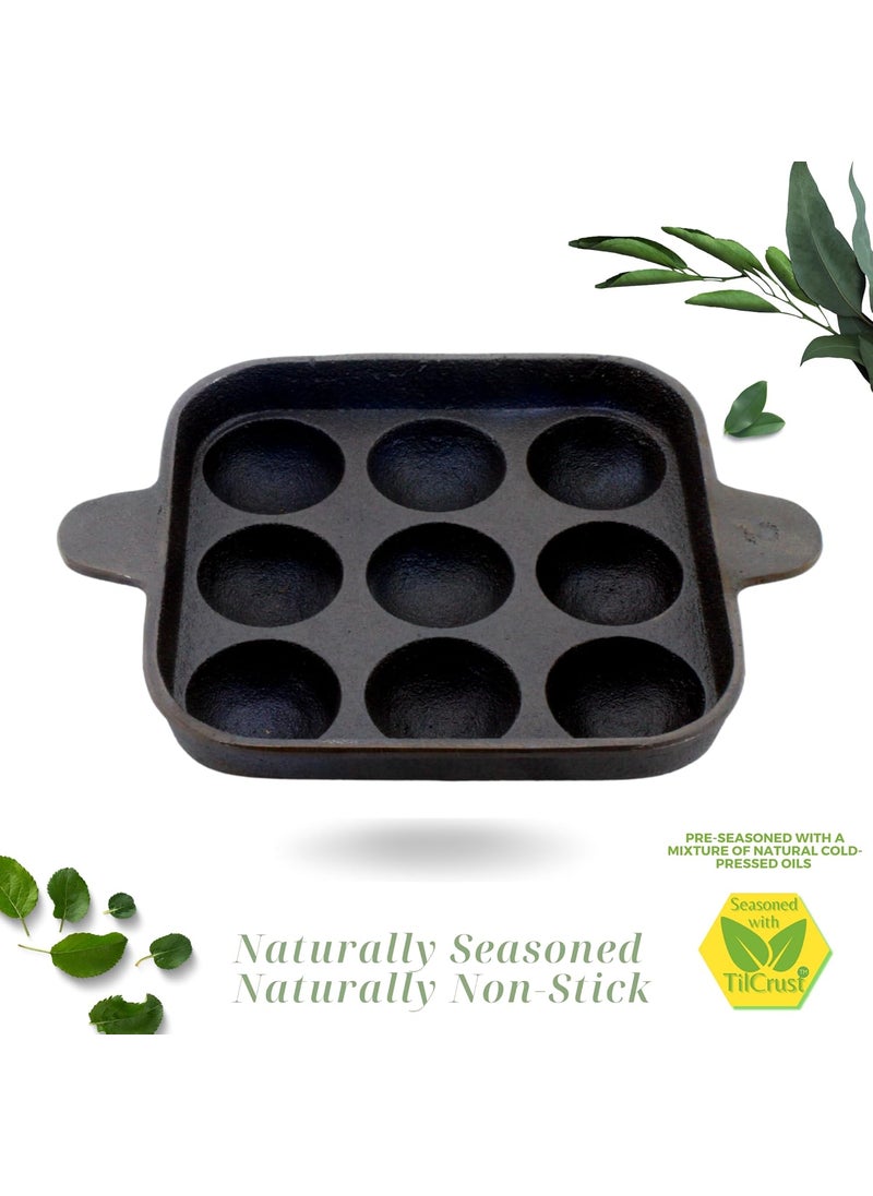 TRILONIUM Ecofe PreSeasoned Cast Iron Pan 9 Pits Square Paniyaram Pan