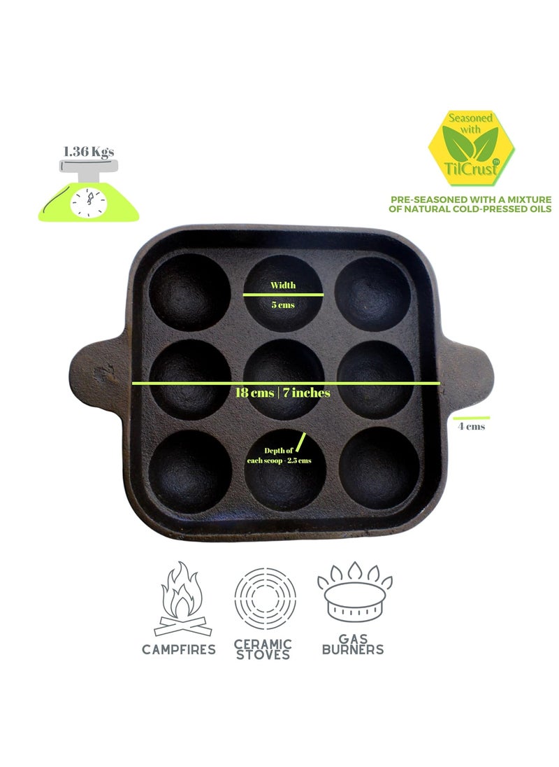 TRILONIUM Ecofe PreSeasoned Cast Iron Pan 9 Pits Square Paniyaram Pan
