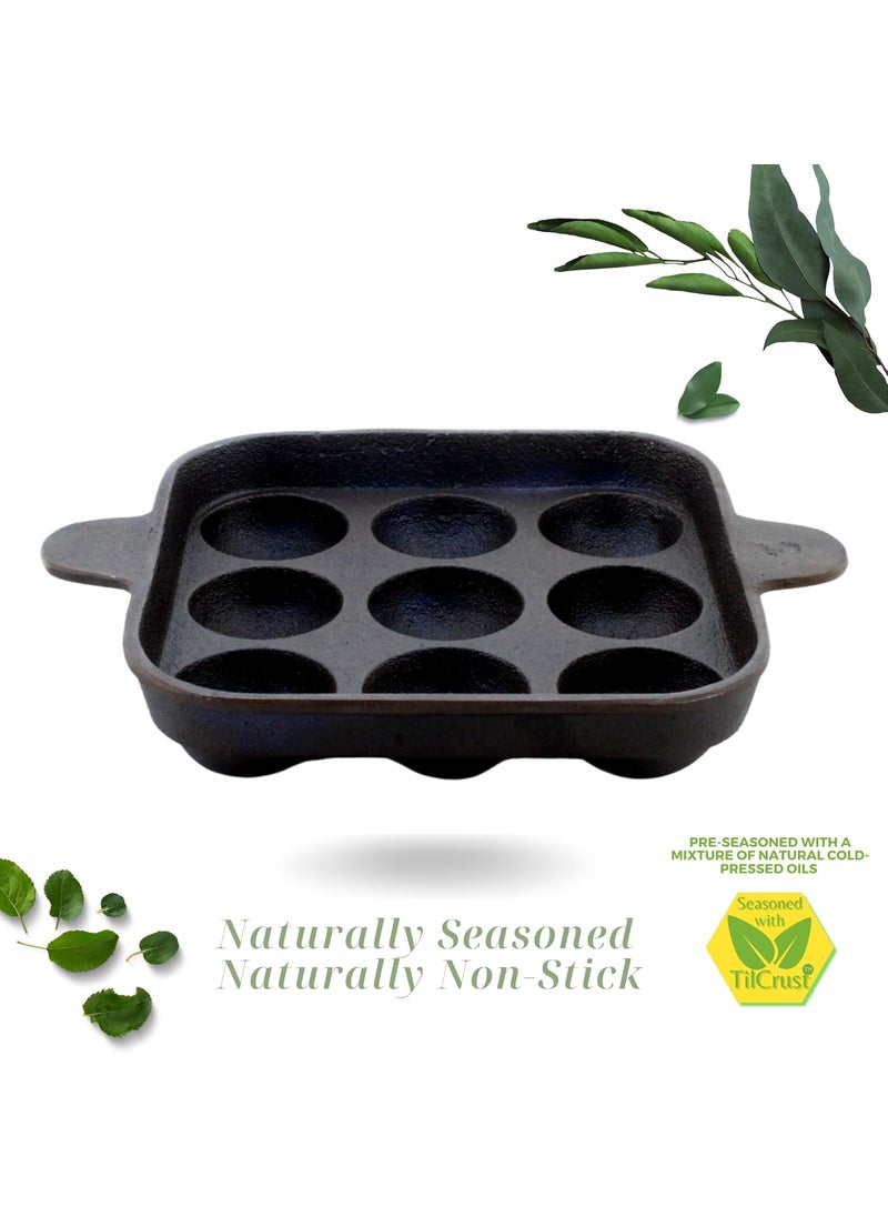 TRILONIUM Ecofe PreSeasoned Cast Iron Pan 9 Pits Square Paniyaram Pan