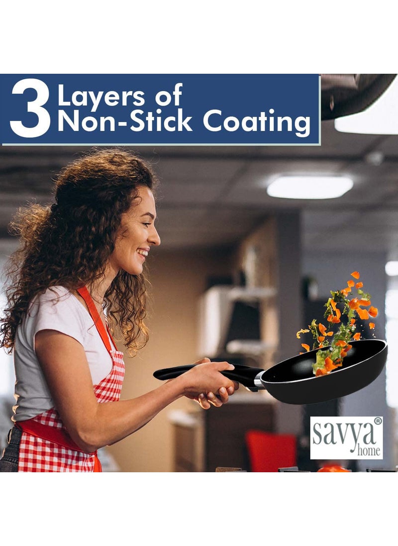 SAVYA HOME Non Stick Frying Pan 26 cm Stove Induction Cookware Minimal Oil Cooking Easy Grip Handle 3 Layer Non Stick Coating NonToxic Lightweight 2 Year Warranty Black Colour