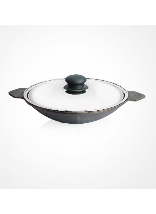 Shrinica Cast Iron Appam Pan with Ss Lid 9 Inch Durable Cast Iron Construction for Superior Heat Retention and Even Cooking Stainless Steel Lid for Efficient Cooking