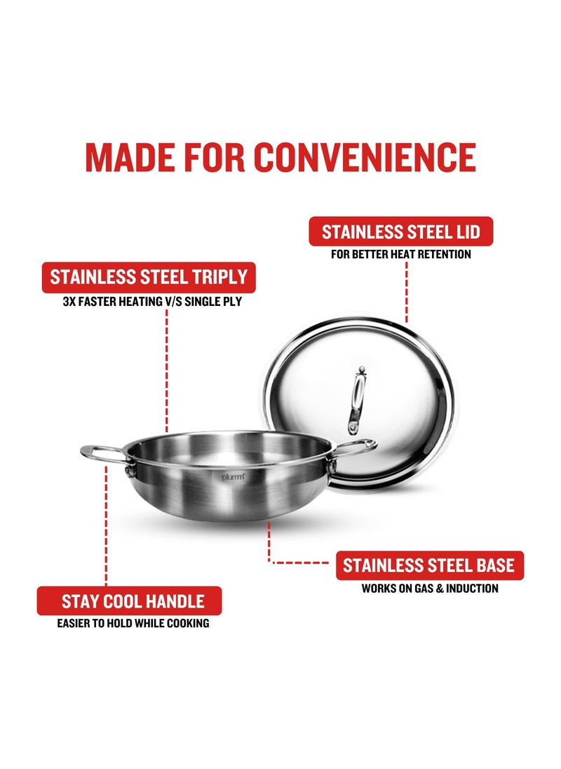 PLUMM Get Stainless Steel Kadai with Lid 25mm Thick Extra Deep Kadhai Kadhai for Cooking Deep Frying Heavy Bottom Induction Base Triply Kadai Silver 24cm 3 LTR 5 Years Warranty