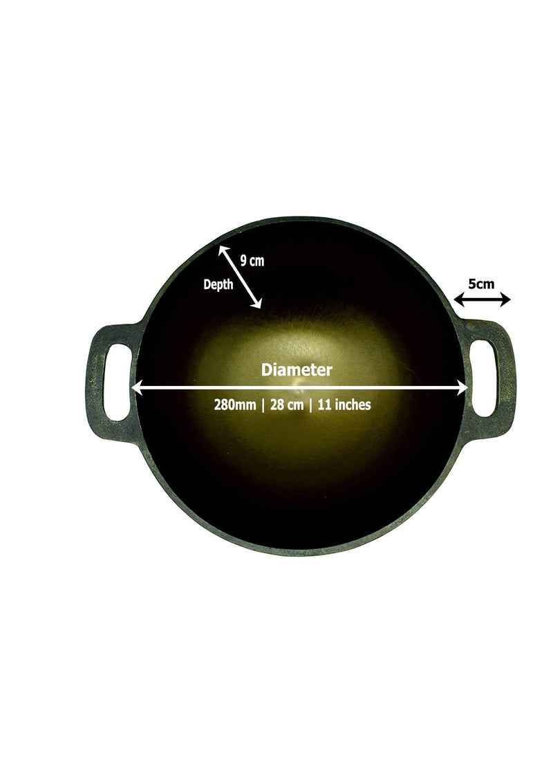 eKitchen Fe PreSeasoned Cast Iron Deep Kadhai Wok Induction Compatible 11 Inches