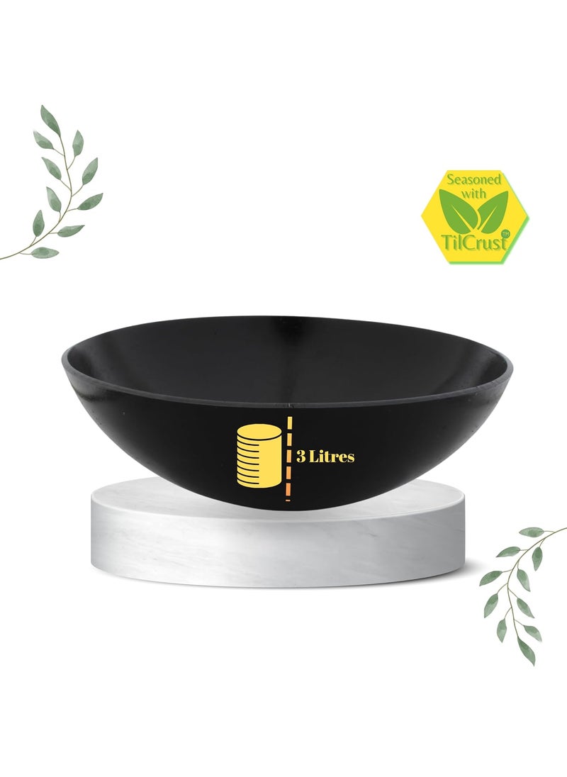 TRILONIUM Triple Seasoned Iron Tasla Kadai 10 inches Capacity 3 litres