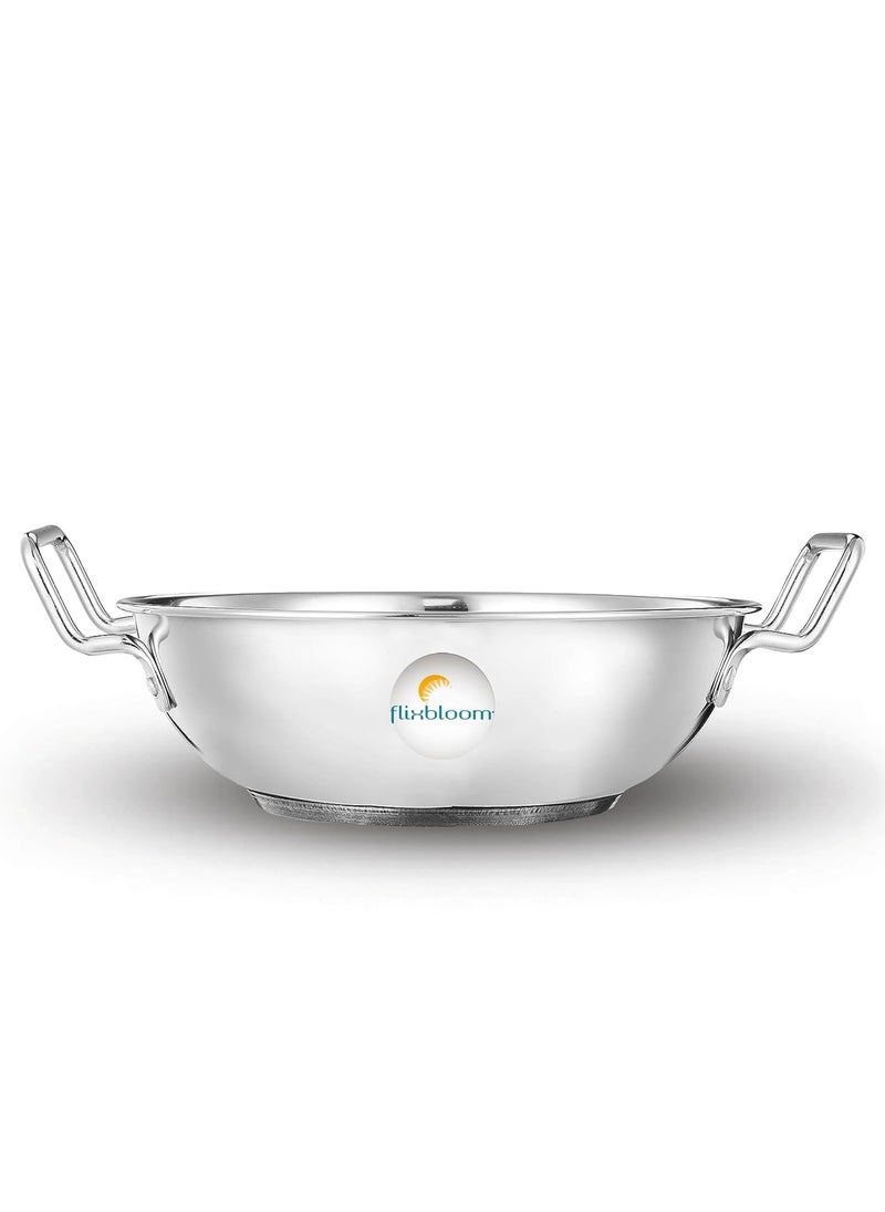 FLIXBLOOM Special Stainless Steel 35 Litre Kadai with Lid Induction Gas Stove Friendly Deep Kitchen Utensil Cooking Cookware Kadai Kadhai Kadhai with Lid 35 Litre Kadai