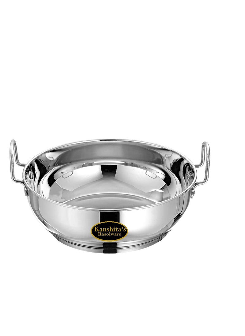 Kanshitas Rasoiware Heavy Gauge Stainless Steel Induction BottomGas Stove Friendly Kadai With Lid 2 Litre Silver