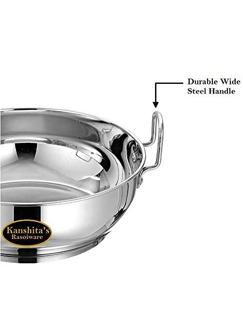 Kanshitas Rasoiware Heavy Gauge Stainless Steel Induction BottomGas Stove Friendly Kadai With Lid 2 Litre Silver