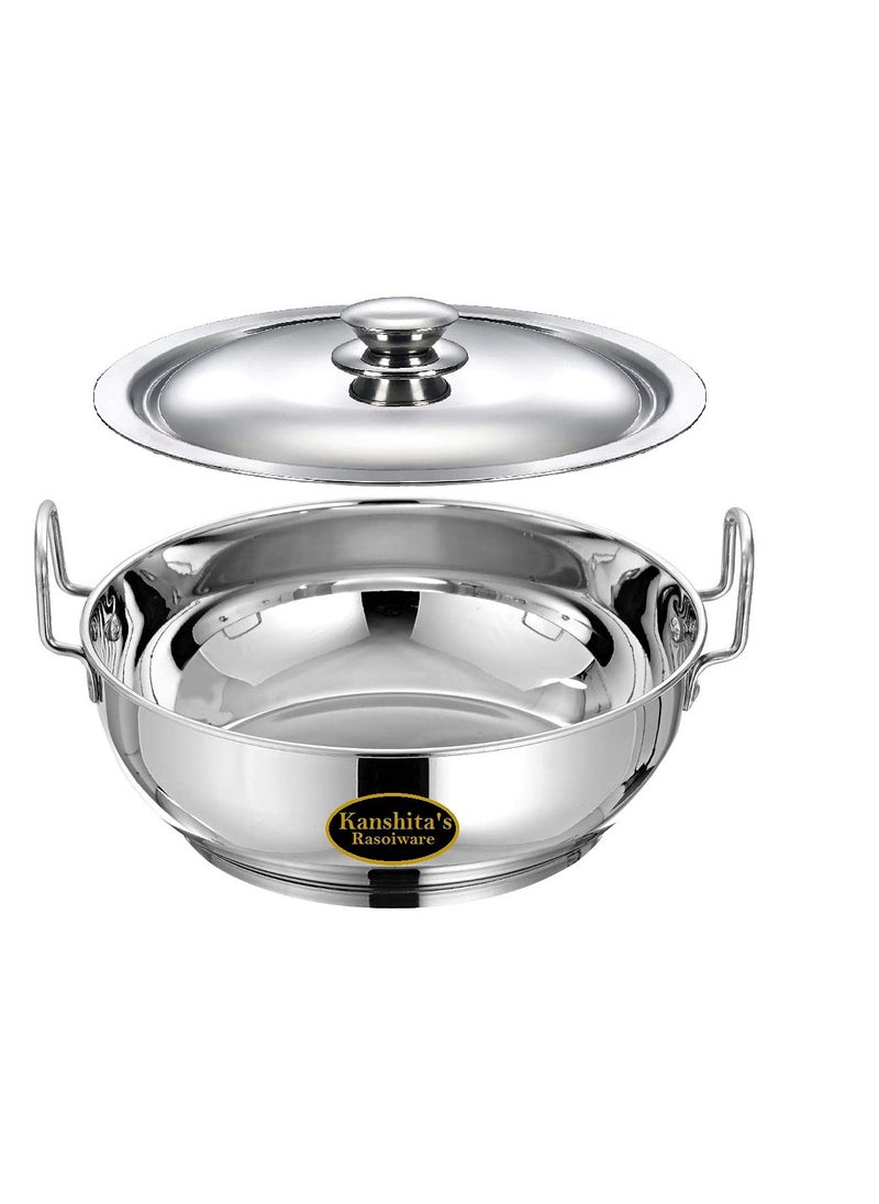 Kanshitas Rasoiware Heavy Gauge Stainless Steel Induction BottomGas Stove Friendly Kadai With Lid 2 Litre Silver