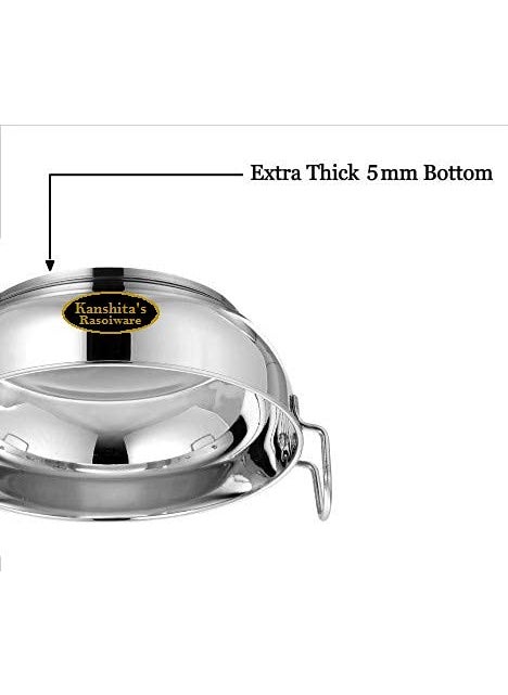 Kanshitas Rasoiware Heavy Gauge Stainless Steel Induction BottomGas Stove Friendly Kadai With Lid 2 Litre Silver