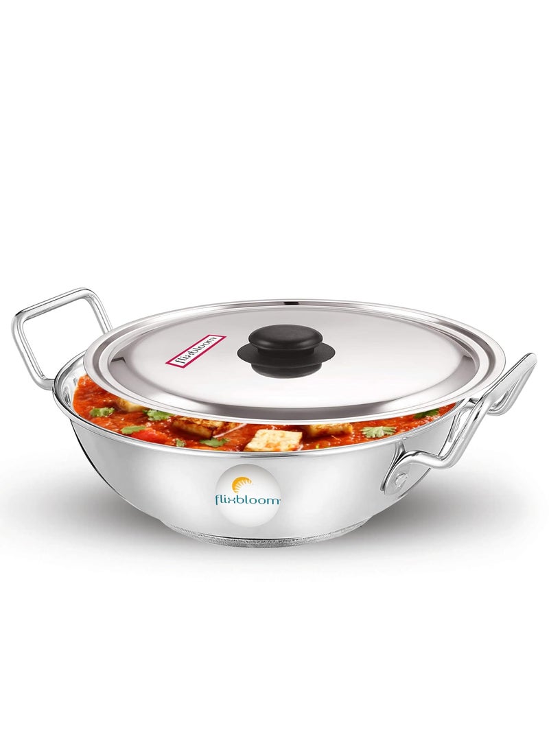 FLIXBLOOM Preferable Stainless Steel Induction Base Deep Kitchen Utensil Cookware Kadai with Lid 45 Litre Kadai with Lid