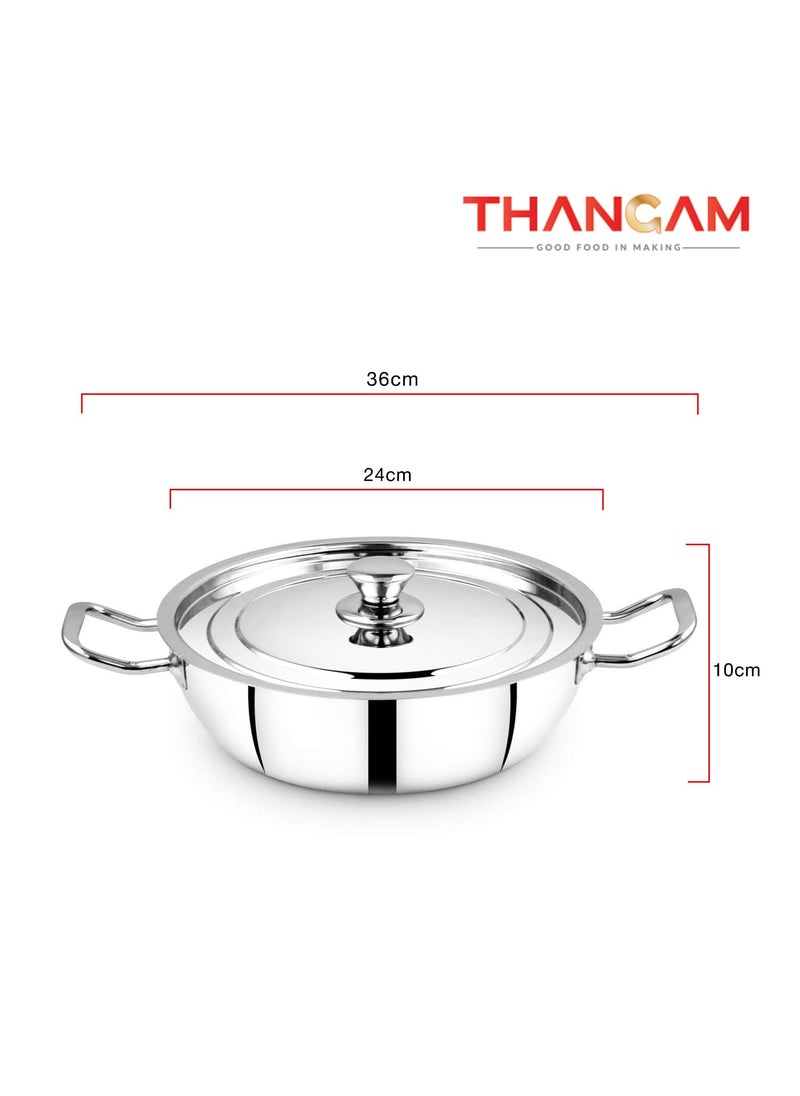 Thangam Classic Stainless Steel KadaiKadhi with Lid for Cooking NonStick Frying Pan 24cm Silver