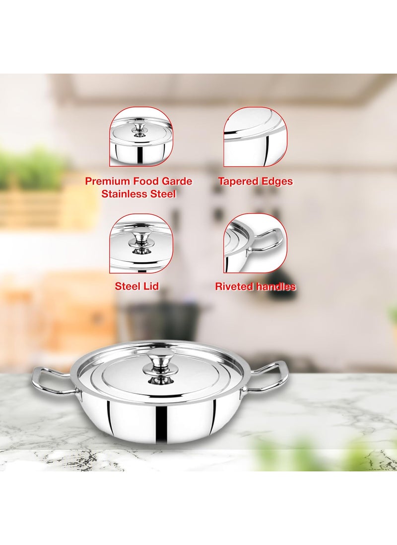 Thangam Classic Stainless Steel KadaiKadhi with Lid for Cooking NonStick Frying Pan 24cm Silver