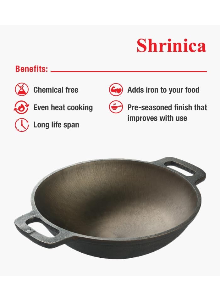 Shrinica Cast Iron Kadai 9 Inch Durable Cast Iron Construction for Superior Heat Retention and Even Cooking Ideal for Frying Searing and Sauting Versatile and Essential Kitchen Tools