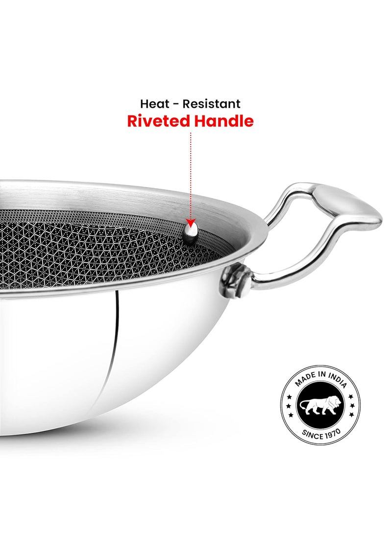 MAXIMA Triply Honeycomb Kadai 24cm 25 Litre Efficient Cooking Even Heat Distribution ChemicalFree Stainless Steel Cookware with Sturdy Side Handles Non Stick Kadai