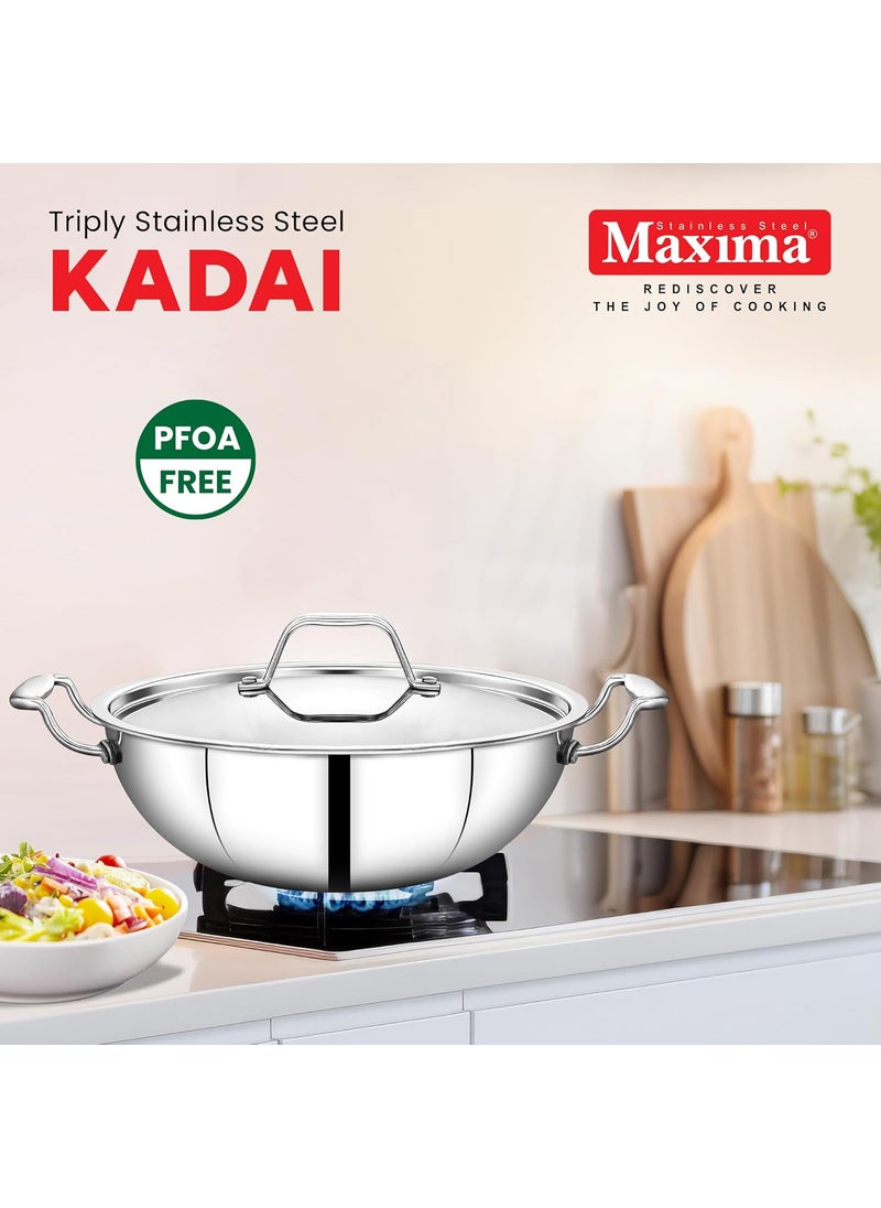 MAXIMA TriPly Stainless Steel Kadai Heat Resistant Handle Induction Bottom and Dishwasher Compatible Kadai with Lid Durable Cookware 26 cm Capacity 36 LTR