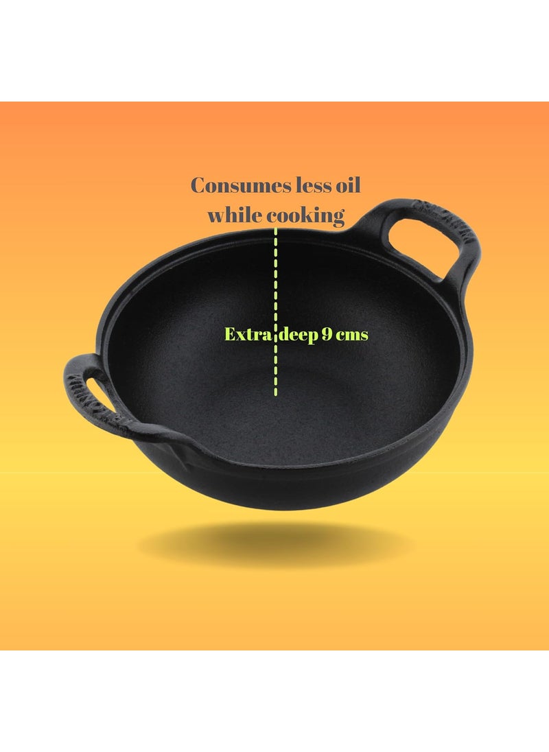 TRILONIUM Triple Seasoned Cast Iron CrockWok Kadhai 24 cms 22 kgs