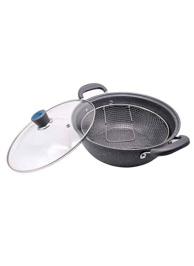 Jolfay Stearmer Fry Pan Nonstick Woks and Stir Fry Pans with Lid Frying Basket Steam Rack Nonstick Pan with LidNonstick Frying Flat Bottom Induction Compatible Stir Fry Pan 24 cm with Lid