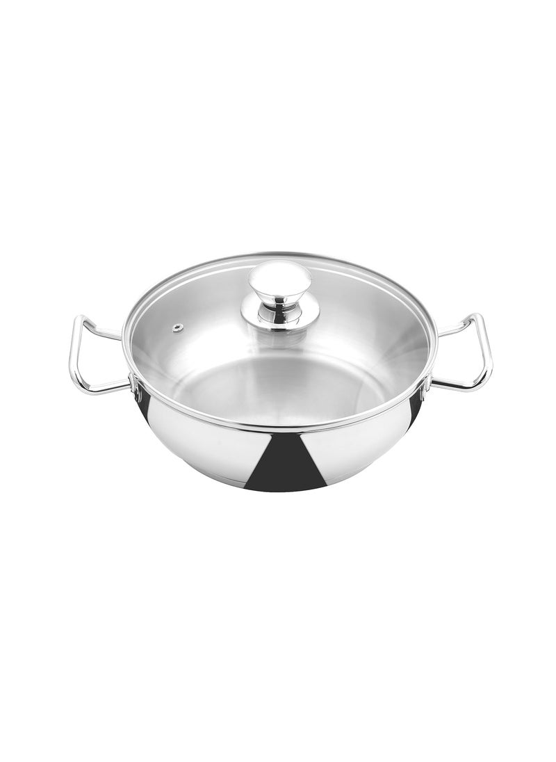 KITCHENOVO Croma Stainless Steel Kadai for Cooking Glass Lid Wok for Deep Fry Curry and Stir Fry Induction and Gas Ready Polished Finish Impact Bonded Triply Base 25 Ltrs 24 cm