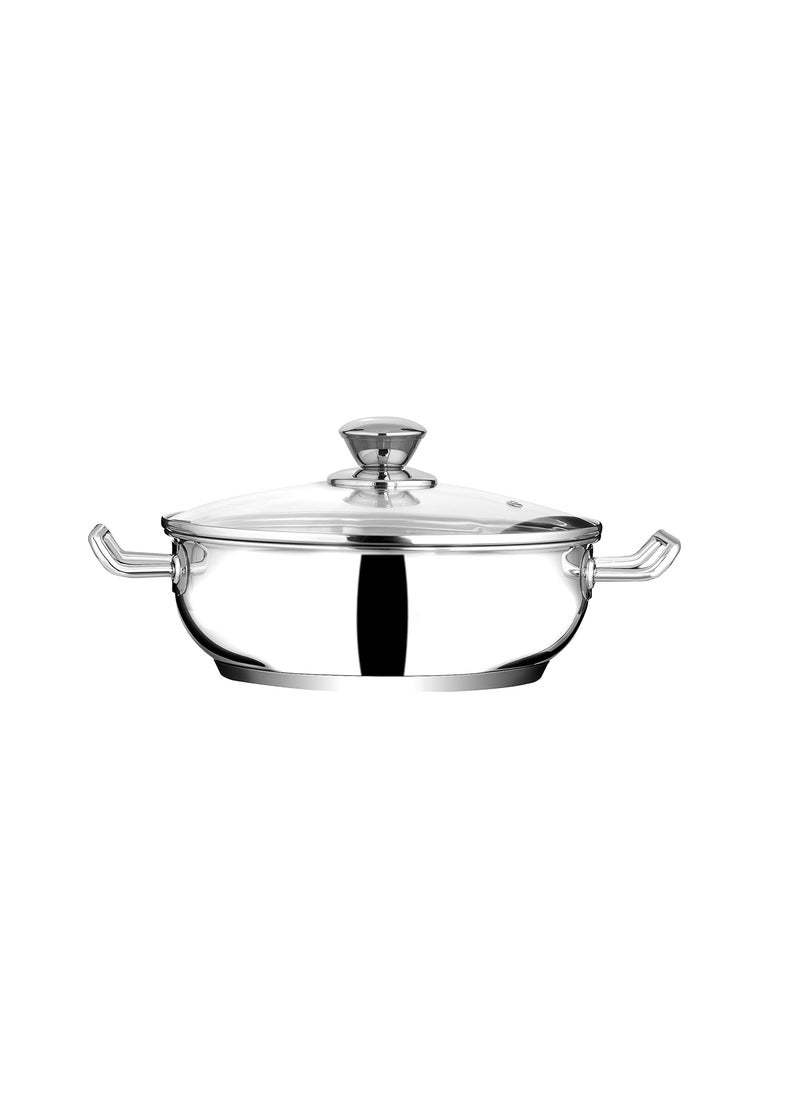 KITCHENOVO Croma Stainless Steel Kadai for Cooking Glass Lid Wok for Deep Fry Curry and Stir Fry Induction and Gas Ready Polished Finish Impact Bonded Triply Base 25 Ltrs 24 cm