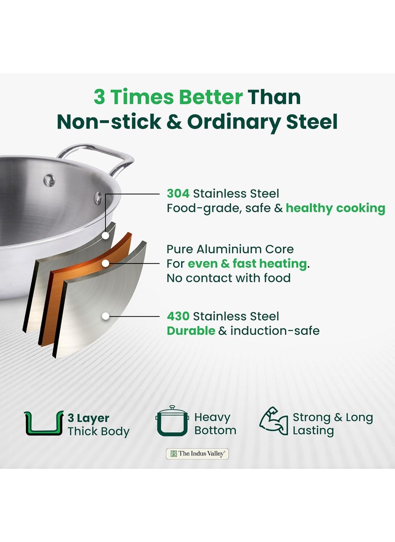 The Indus Valley Triply Stainless Steel Kadai Very Small 203cm8 inch 17Ltr 1kg Induction Friendly Nonstick 3Layer Body 100 Pure ToxinFree No Chemical Coating