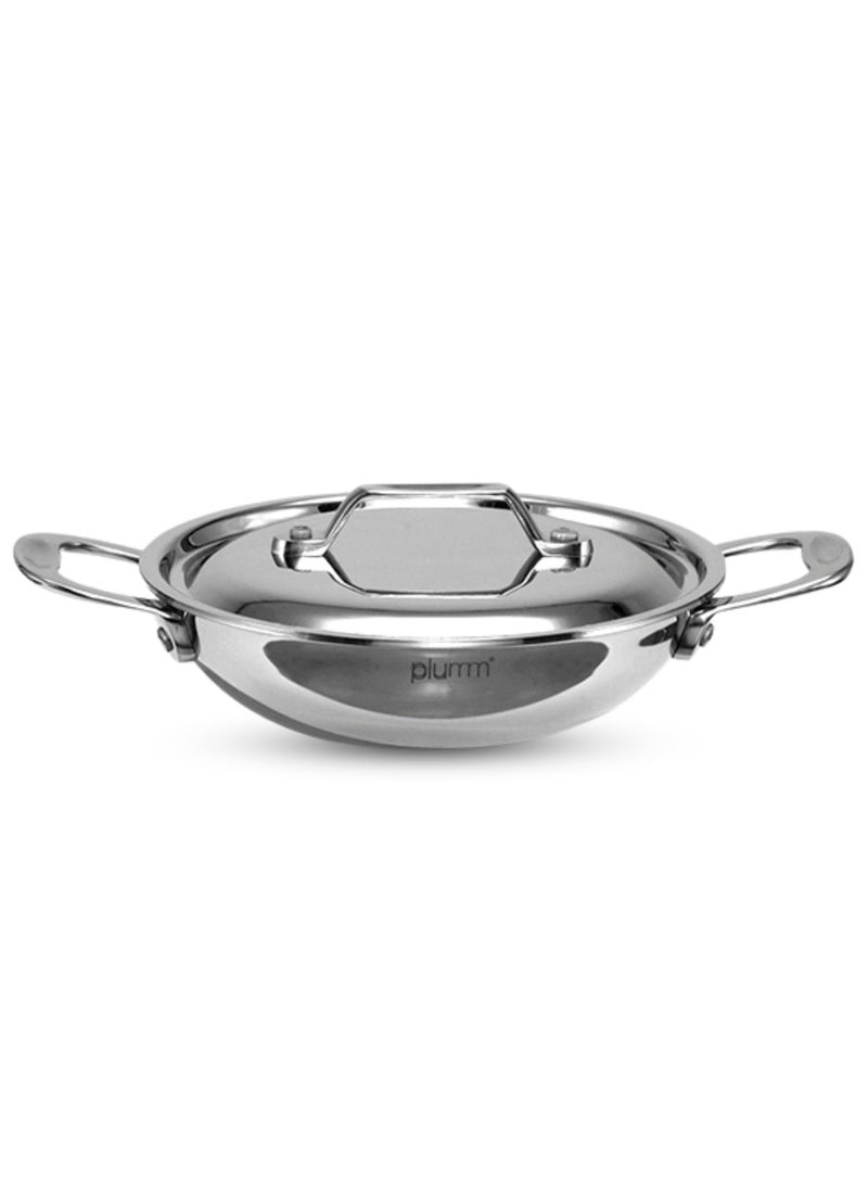 PLUMM Get Stainless Steel Kadai with Lid 25mm Thick Extra Deep Kadhai Kadhai for Cooking Deep Frying Heavy Bottom Induction Base Triply Kadai Silver 20cm 14 LTR 5 Years Warranty