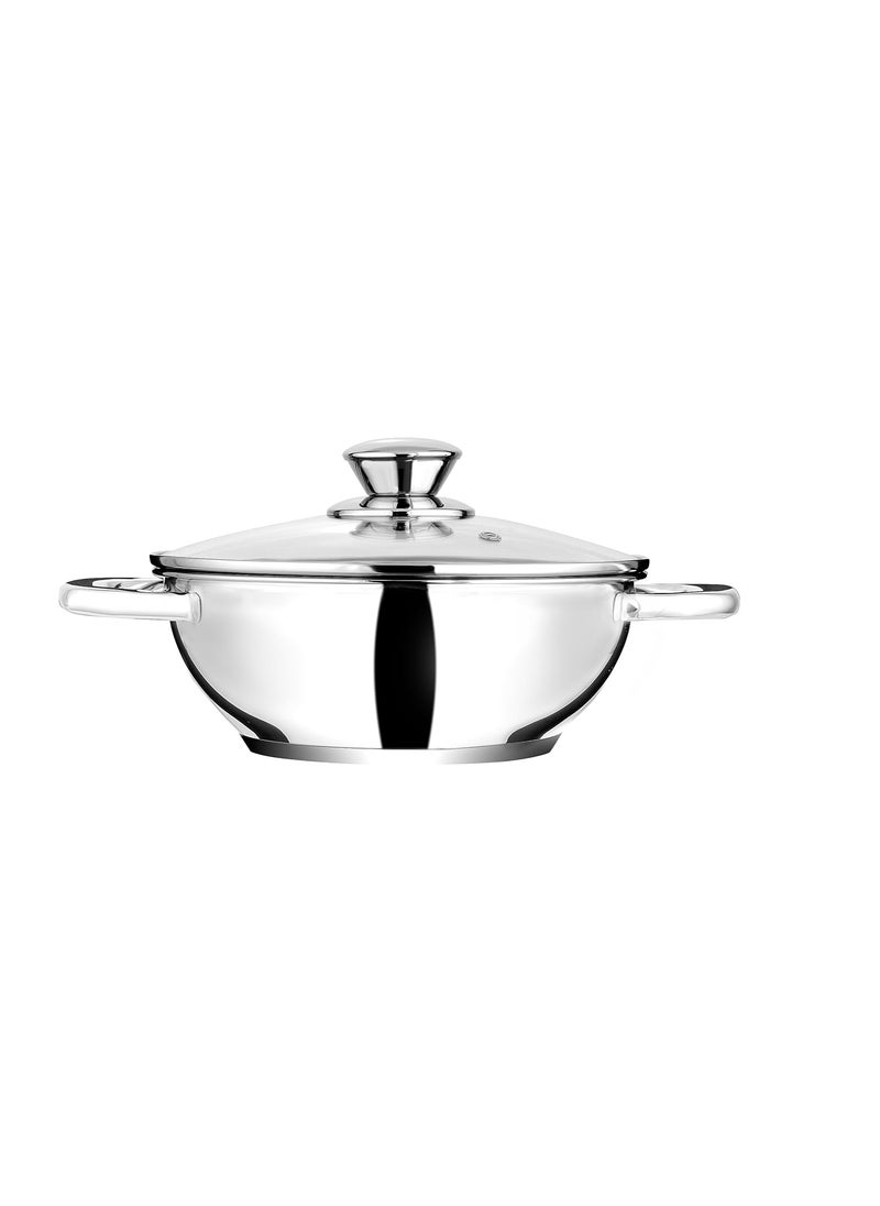 KITCHENOVO Croma Stainless Steel Wok Wok Pan with Glass Lid Kadai for Cooking Triply Wok Induction and Gas Ready Polished Finish Impact Bonded Triply Base 35 Ltrs 24 cm