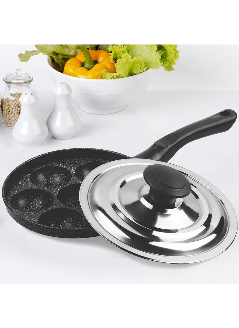 MILTON Pro cook Appam Patra with Stainless Steel Lid NonStick Heavy Duty Aluminium 7 Cavity 128 Inch Single Handle Paniyaram Pan Appe Maker Appam pan Litti Maker Black