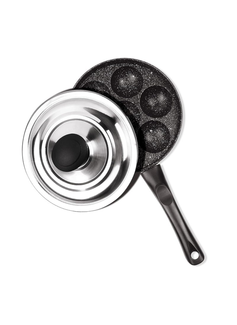 MILTON Pro cook Appam Patra with Stainless Steel Lid NonStick Heavy Duty Aluminium 7 Cavity 128 Inch Single Handle Paniyaram Pan Appe Maker Appam pan Litti Maker Black