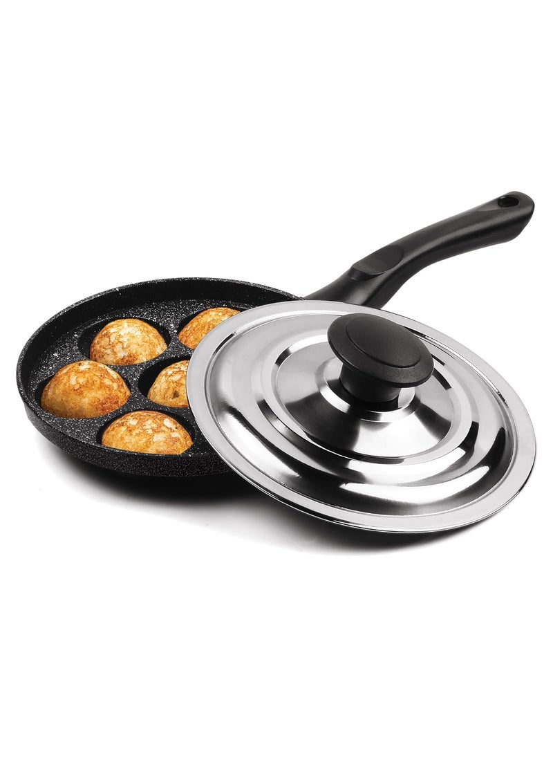 MILTON Pro cook Appam Patra with Stainless Steel Lid NonStick Heavy Duty Aluminium 7 Cavity 128 Inch Single Handle Paniyaram Pan Appe Maker Appam pan Litti Maker Black