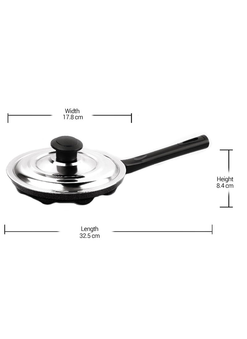 MILTON Pro cook Appam Patra with Stainless Steel Lid NonStick Heavy Duty Aluminium 7 Cavity 128 Inch Single Handle Paniyaram Pan Appe Maker Appam pan Litti Maker Black