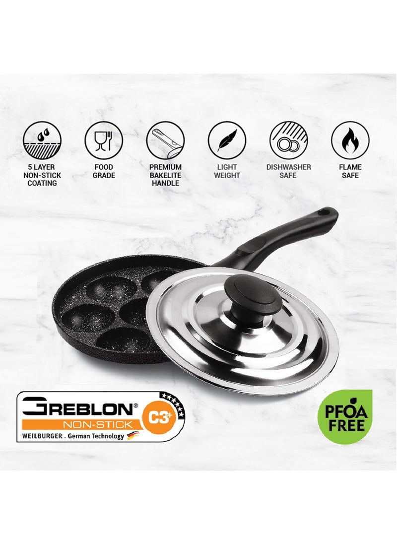 MILTON Pro cook Appam Patra with Stainless Steel Lid NonStick Heavy Duty Aluminium 7 Cavity 128 Inch Single Handle Paniyaram Pan Appe Maker Appam pan Litti Maker Black