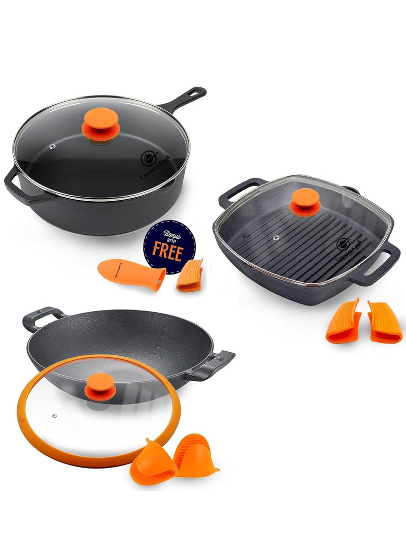 CountryCook PreSeasoned Cast Iron 26cms Kadai Grill Pan 30cms Deep Dish Combo with Glass Lid Induction Friendly NonToxic Enamel Free Cookware