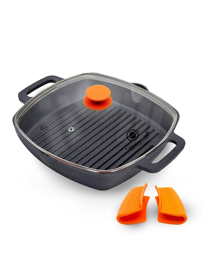 CountryCook PreSeasoned Cast Iron Grill PanGriddle Tempered Glass Lid 26cms 3kg Heavy Duty Gas Induction Friendly Loha Barbeque Sandwich Maker Tandoori Non Toxic EnamelCoating Free